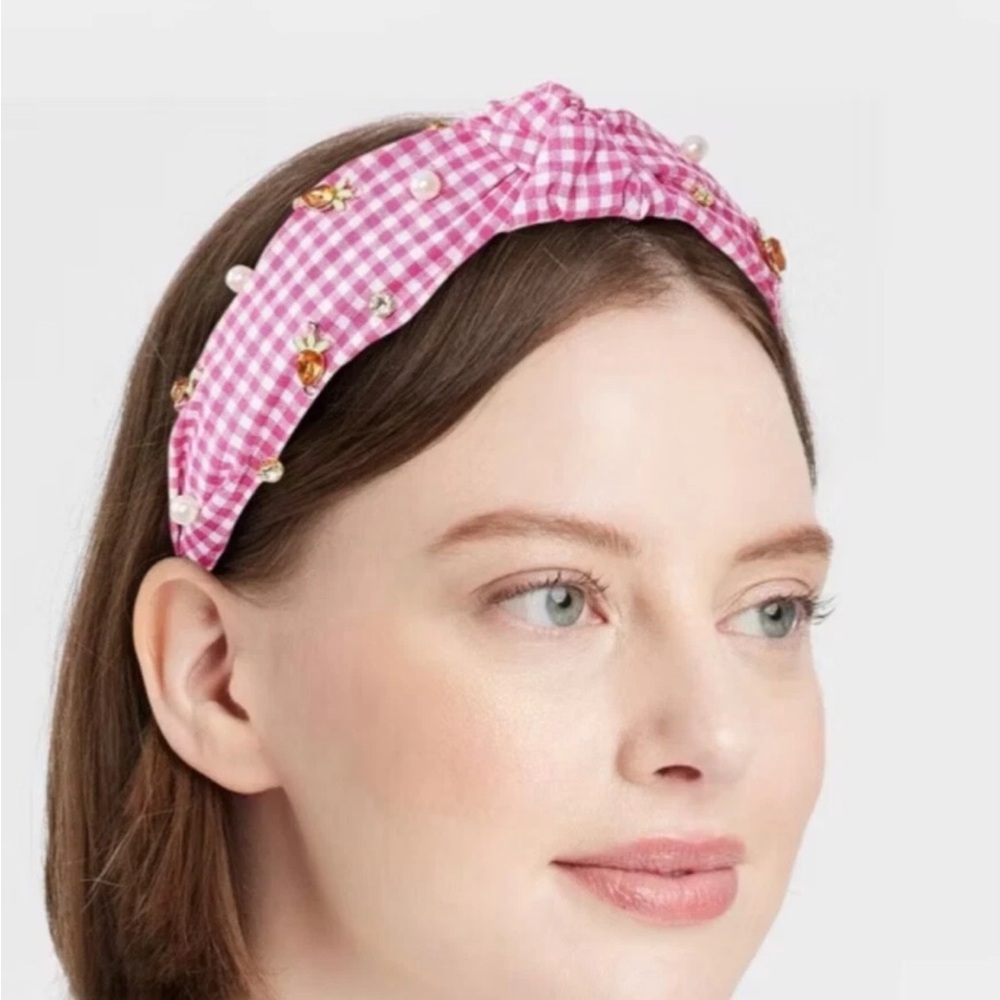 Easter Pink Gingham Headband with Carrot Pearl Rinestone Embellishment Top Knot